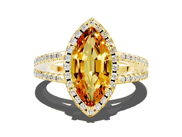 Yellow gold Marquise Cut Citrine Halo Split Shank Engagement Ring
