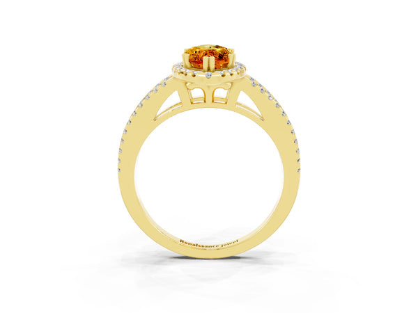 Yellow gold Marquise Cut Citrine Halo Split Shank Engagement Ring