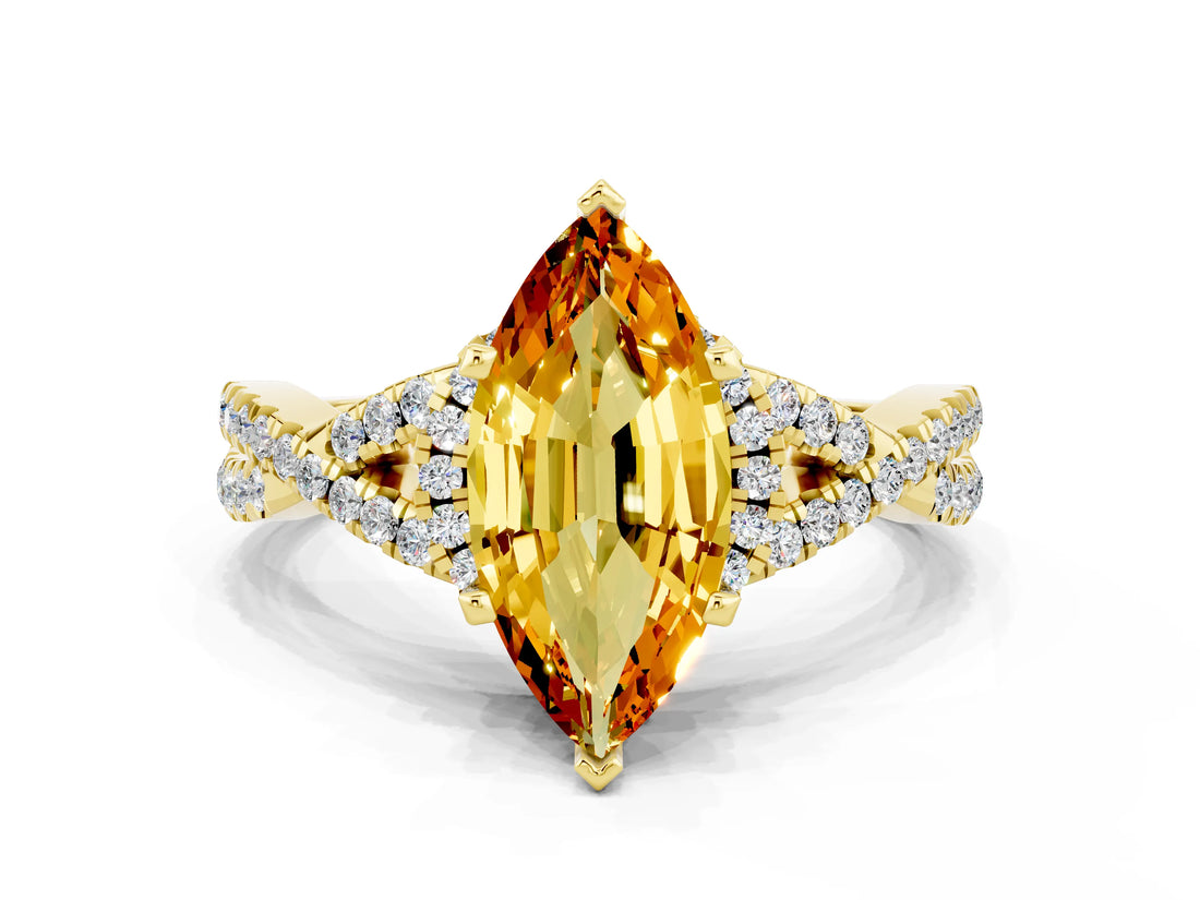 Yellow gold Marquise Cut Citrine Halo Twist Band Solitaire Prong Setting Ring
