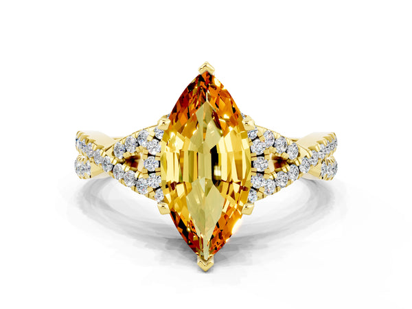 Yellow gold Marquise Cut Citrine  Halo Twist Band Solitaire Prong Setting Ring