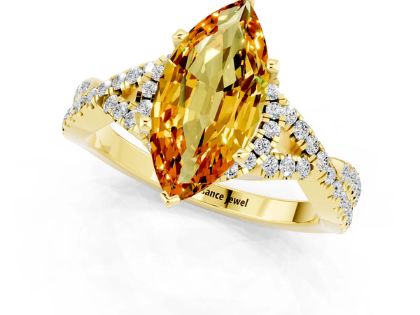 Yellow gold Marquise Cut Citrine  Halo Twist Band Solitaire Prong Setting Ring