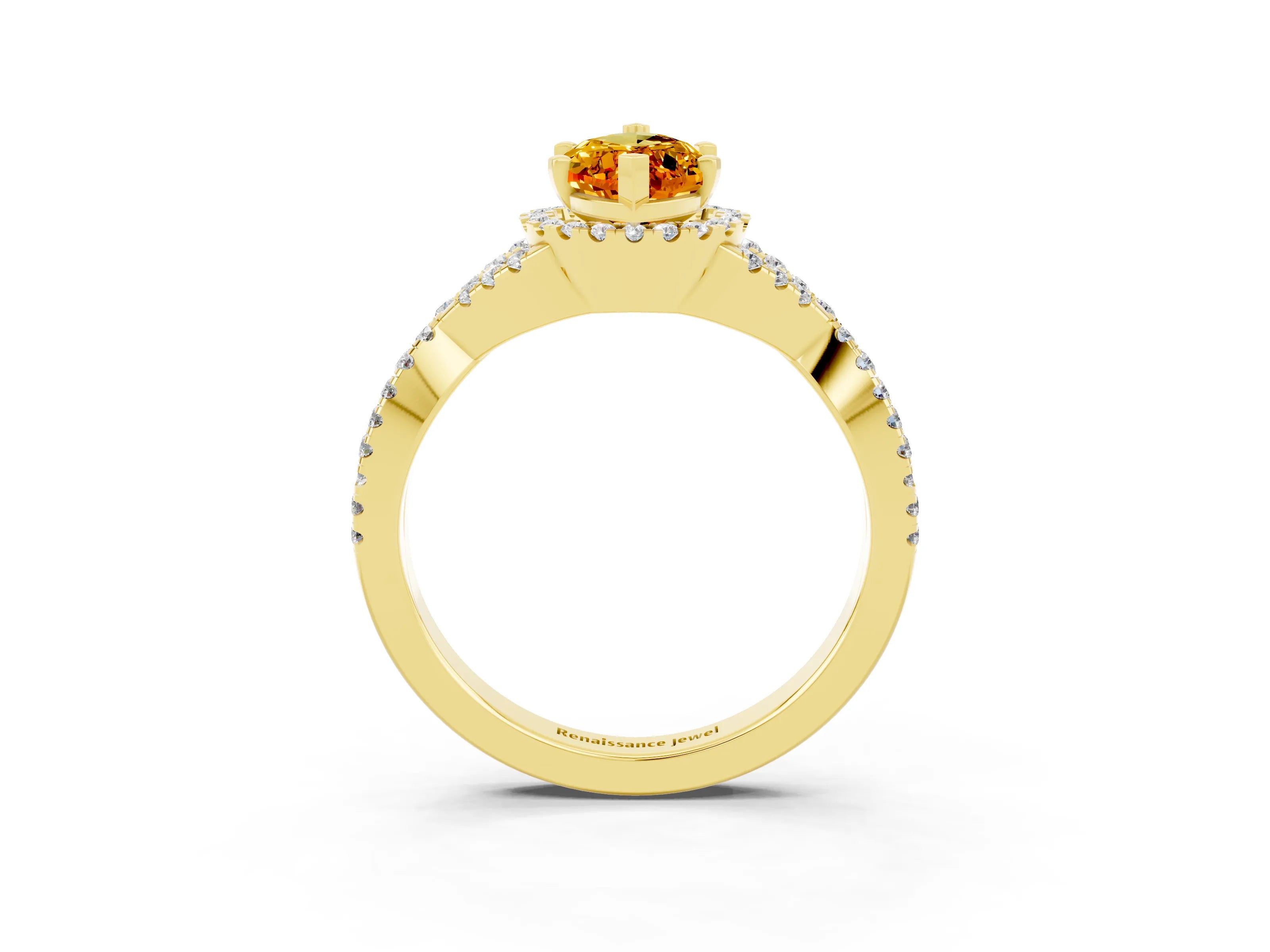 Yellow gold Marquise Cut Citrine Halo Twist Band Solitaire Prong Setting Ring_3