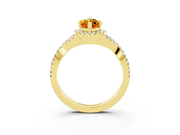 Yellow gold Marquise Cut Citrine  Halo Twist Band Solitaire Prong Setting Ring