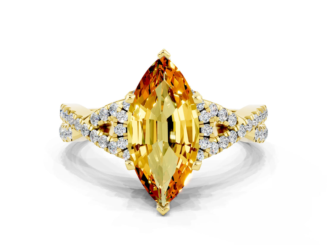 Yellow gold Marquise Cut Citrine  Halo Twist Band Solitaire Prong Setting Ring_36
