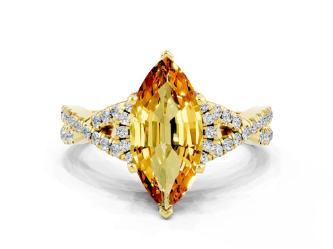 Yellow gold Marquise Cut Citrine Halo Twist Band Solitaire Prong Setting Ring