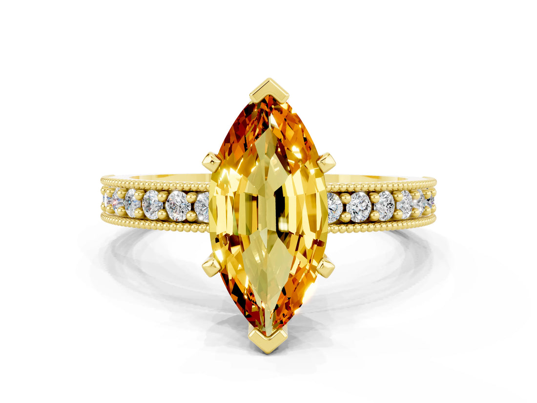 Yellow gold Marquise Cut Citrine Milgrain Pavé Engagement Ring with Four-Prong Setting