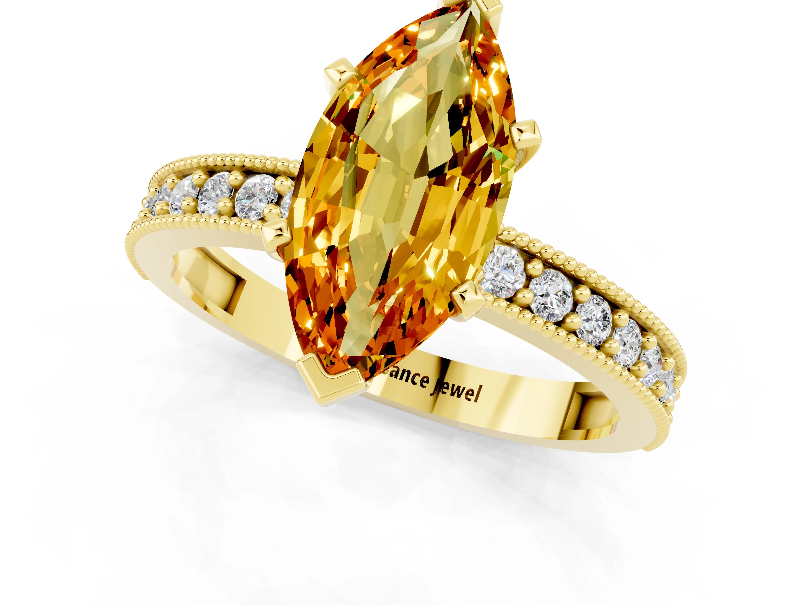 Yellow gold Marquise Cut Citrine Milgrain Pavé Engagement Ring with Four-Prong Setting_1