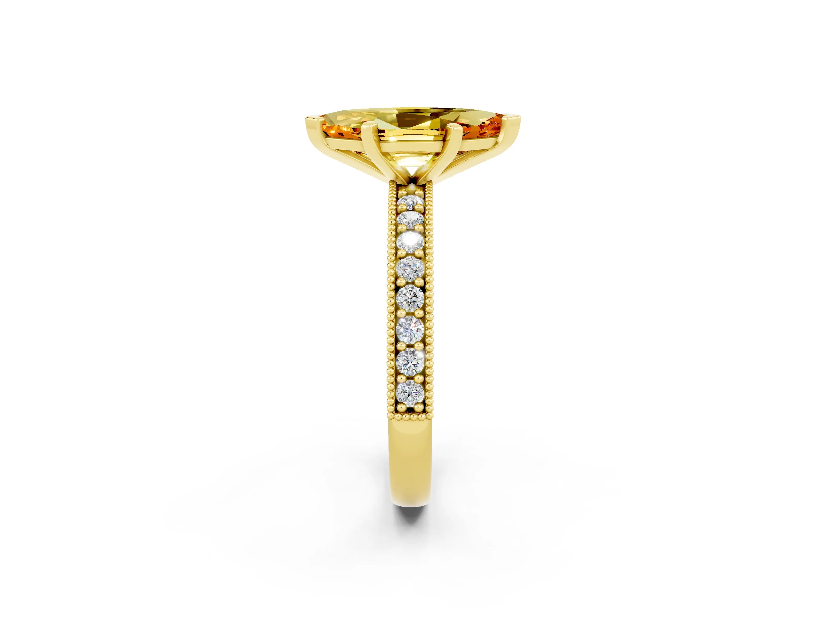 Yellow gold Marquise Cut Citrine Milgrain Pavé Engagement Ring with Four-Prong Setting_2