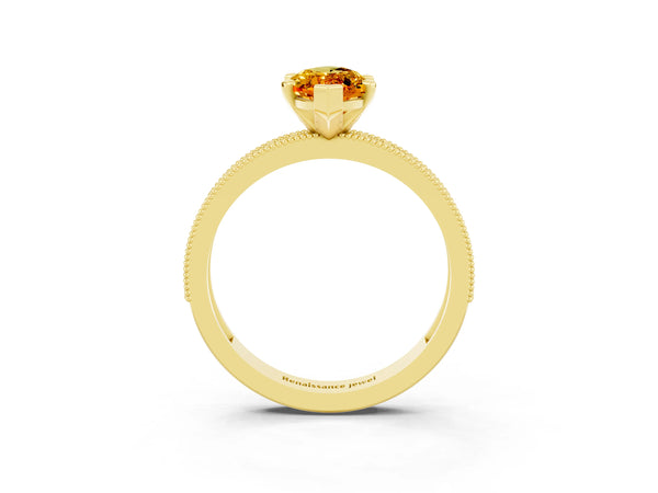 Yellow gold Marquise Cut Citrine Milgrain Pavé Engagement Ring with Four-Prong Setting