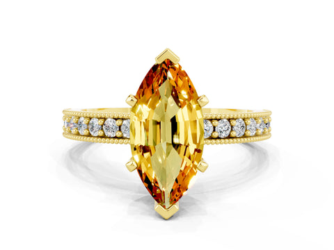 Yellow gold Marquise Cut Citrine Milgrain Pavé Engagement Ring with Four-Prong Setting