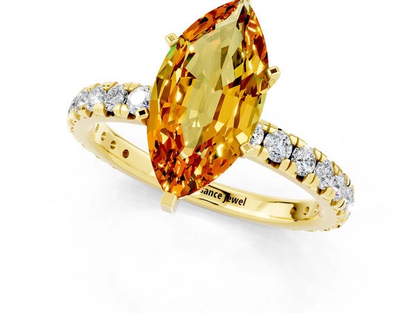 Yellow gold Marquise Cut Citrine Pavé Solitaire Ring with Round Band and Prong Setting