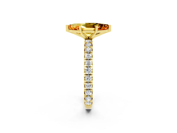 Yellow gold Marquise Cut Citrine Pavé Solitaire Ring with Round Band and Prong Setting