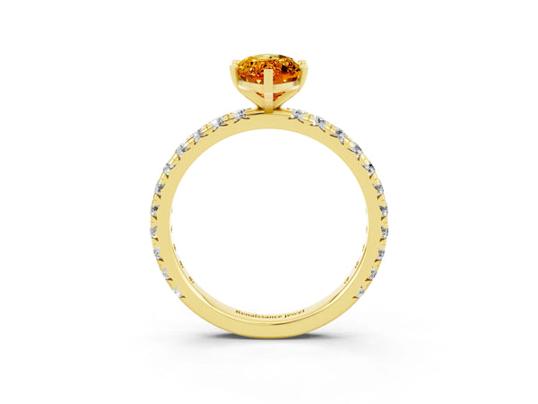 Yellow gold Marquise Cut Citrine Pavé Solitaire Ring with Round Band and Prong Setting