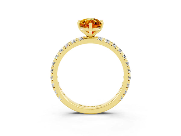 Yellow gold Marquise Cut Citrine Pavé Solitaire Ring with Round Band and Prong Setting