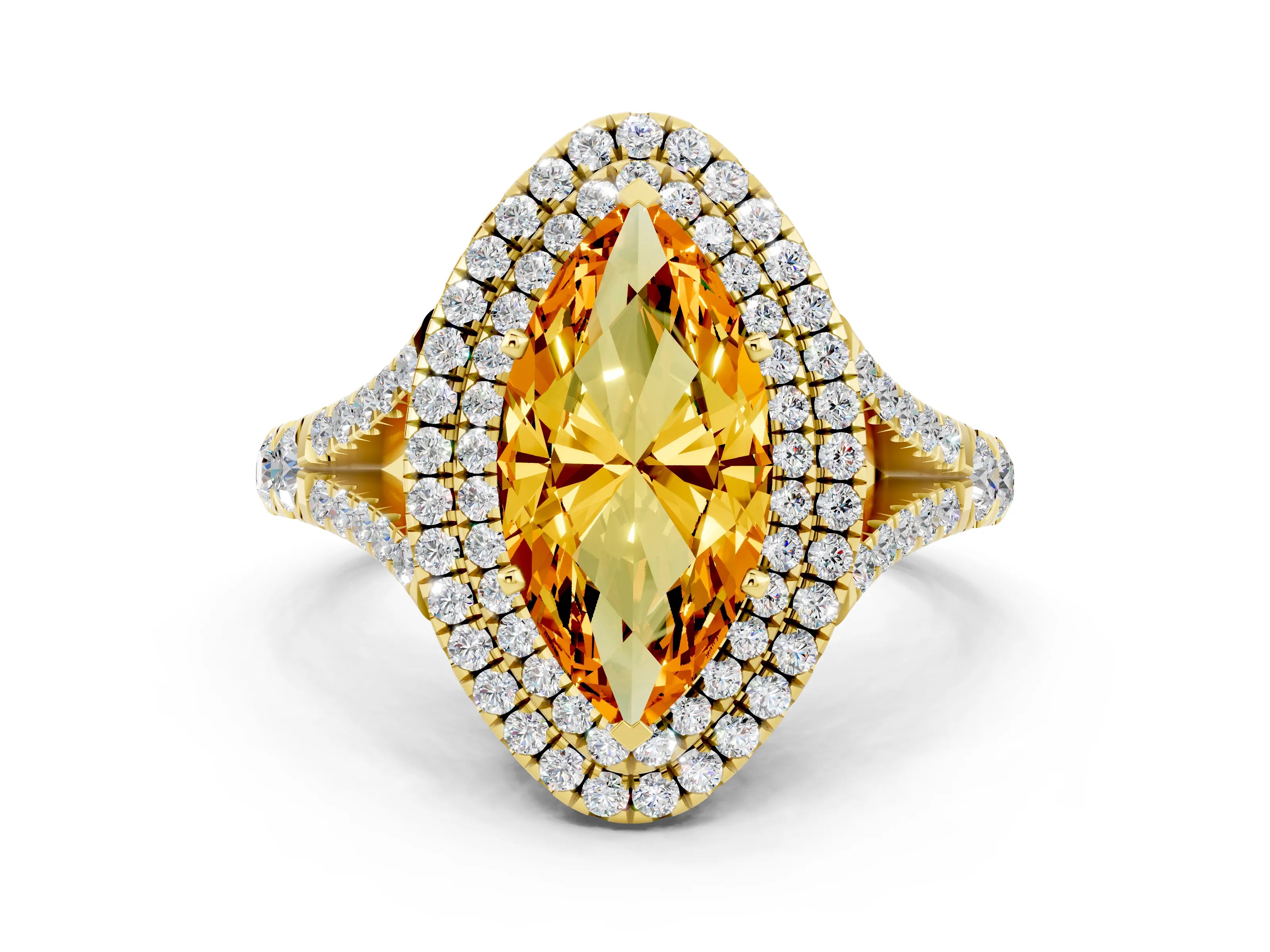 Yellow gold Marquise Cut Citrine Pavé Split Shank Double Halo Engagement Ring