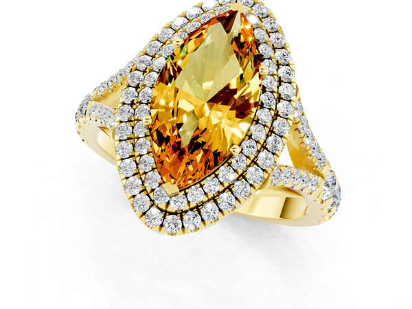 Yellow gold Marquise Cut Citrine Pavé Split Shank Double Halo Engagement Ring
