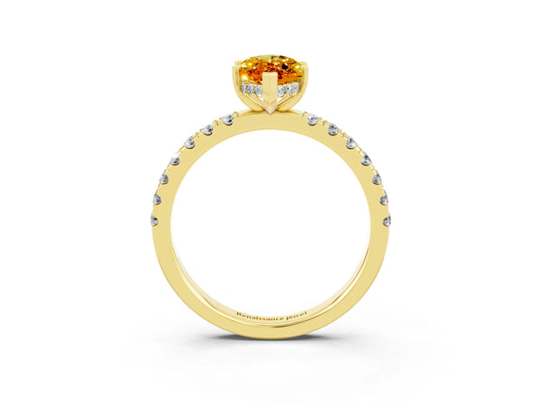 Yellow gold Marquise Cut Citrine Pave Band Solitaire Ring with Round  and Prong Setting