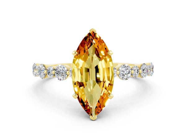 Yellow gold Marquise Cut Citrine Prong Set Engagement Ring with Pavé Band