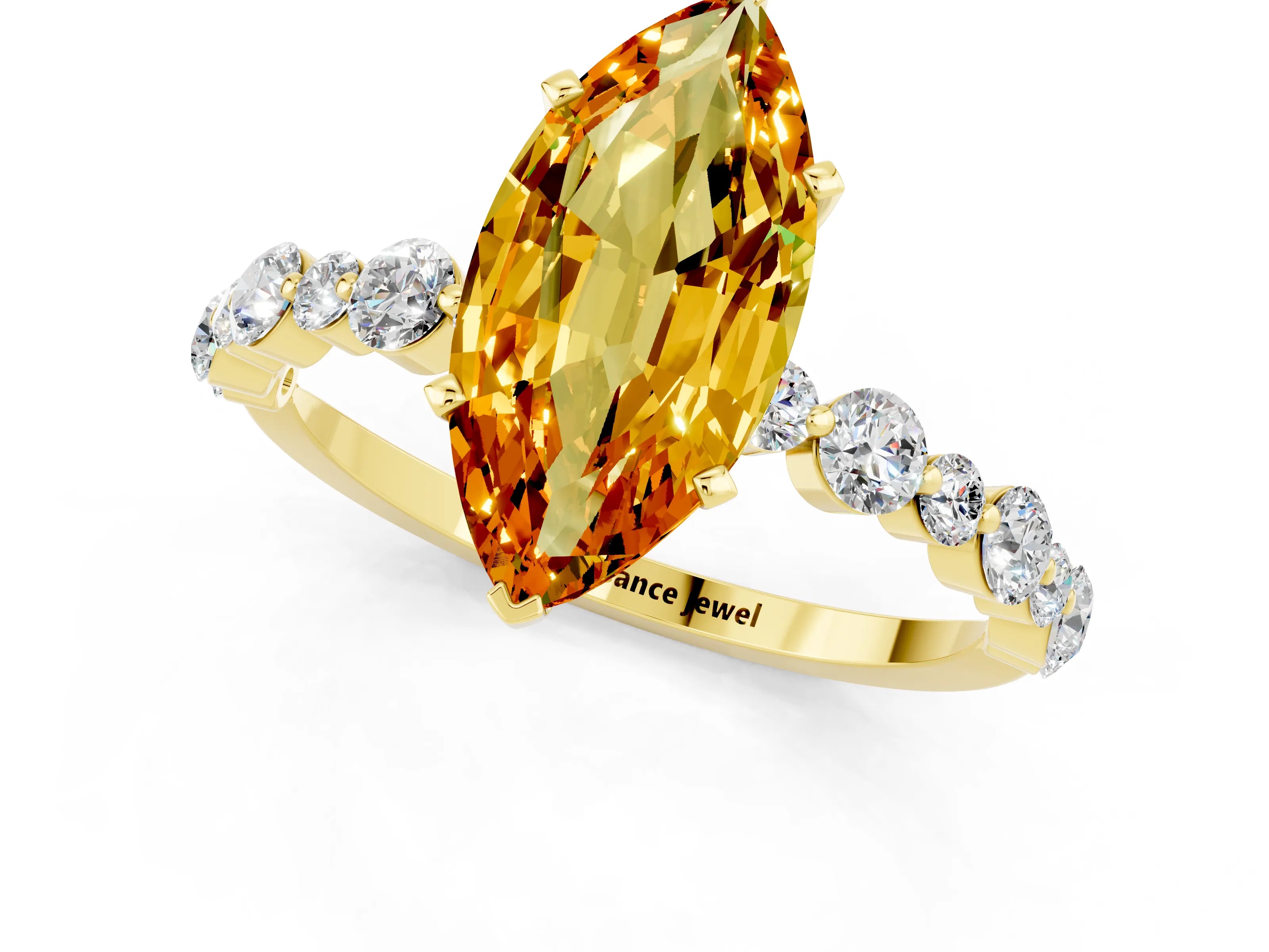 Yellow gold Marquise Cut Citrine Prong Set Engagement Ring with Pavé Band_1