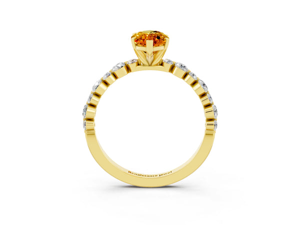 Yellow gold Marquise Cut Citrine Prong Set Engagement Ring with Pavé Band