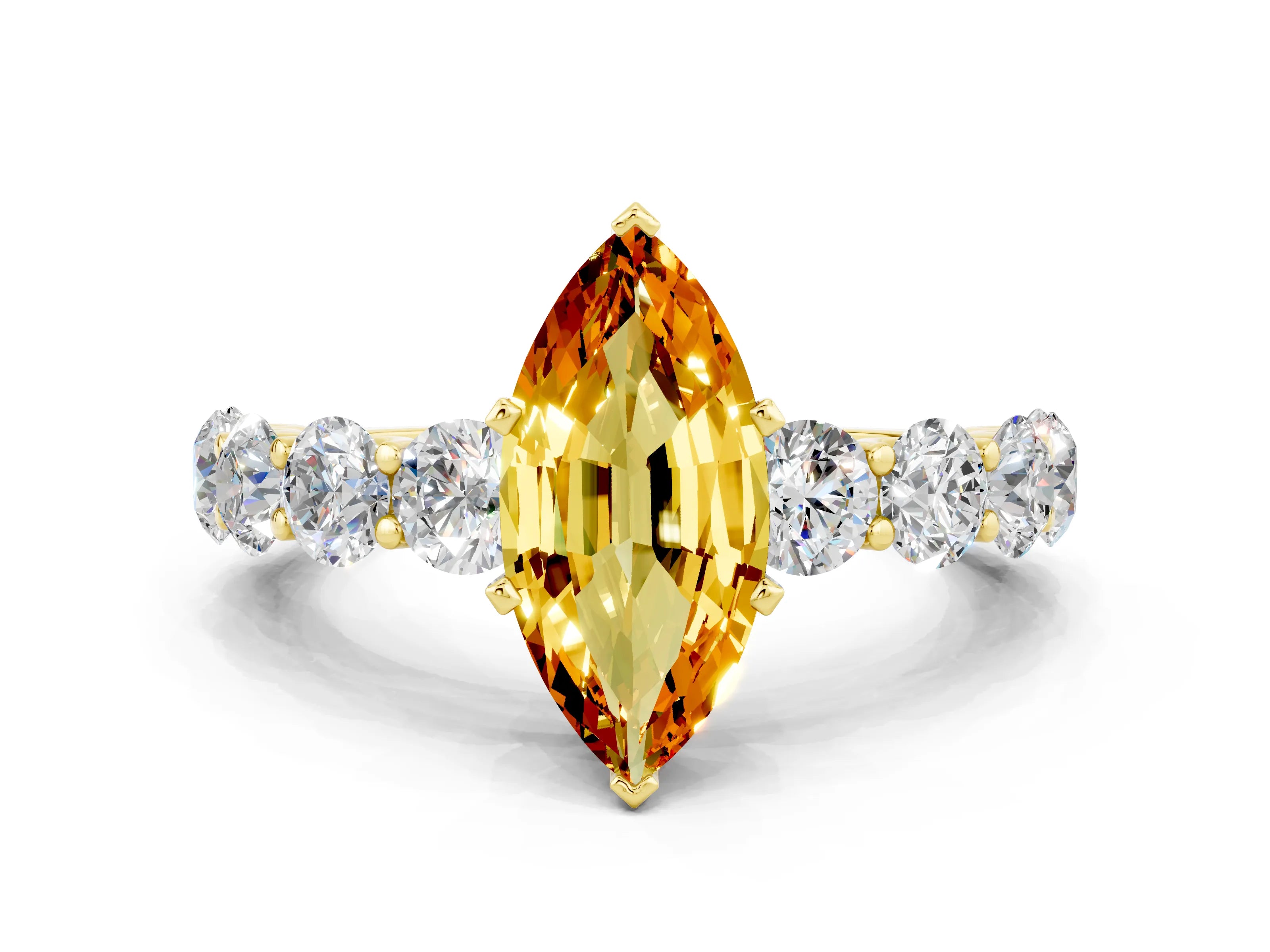 Yellow gold Marquise Cut Citrine Prong Setting with Side Stones on a Pave Band