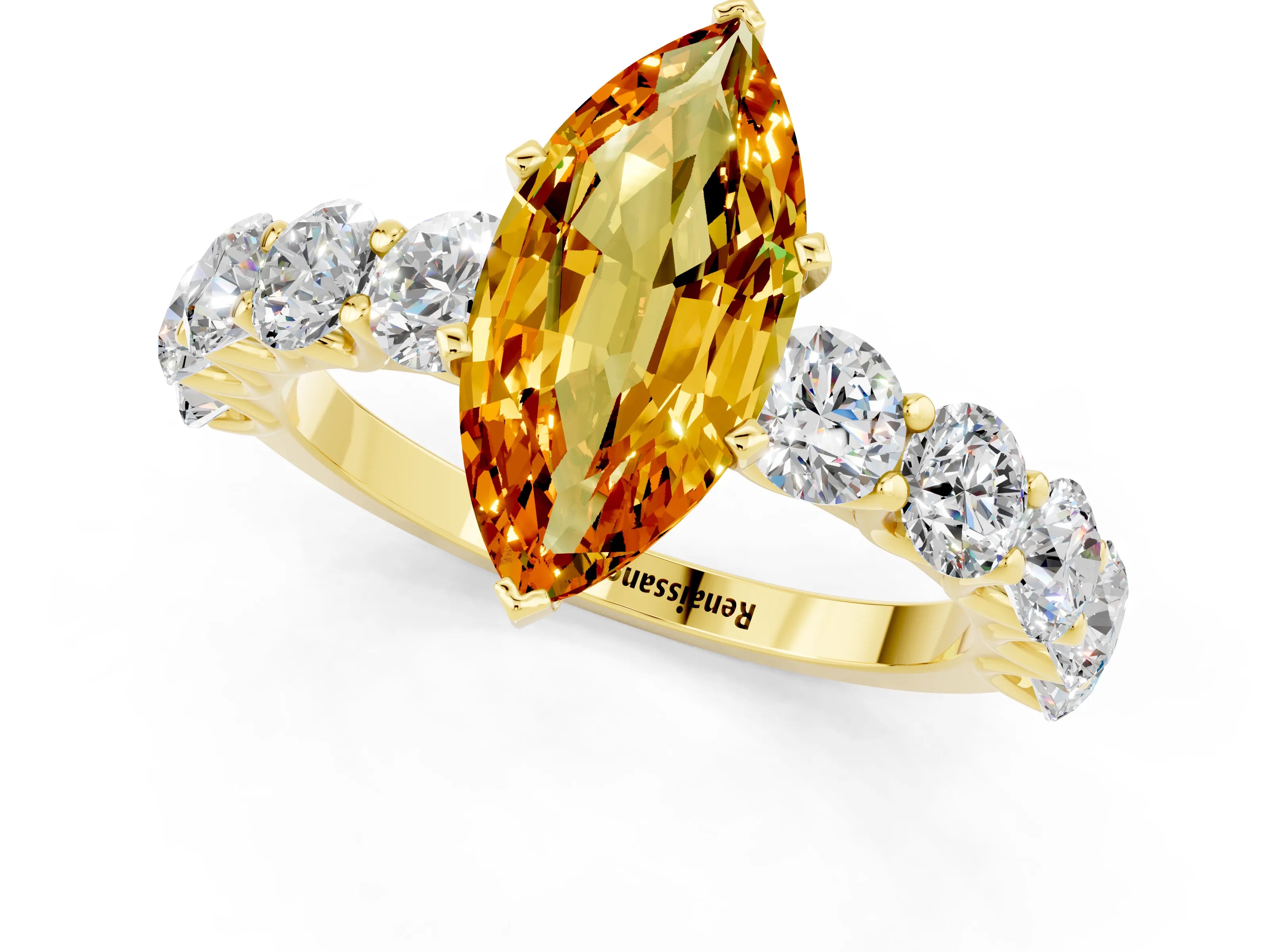 Yellow gold Marquise Cut Citrine Prong Setting with Side Stones on a Pave Band_1