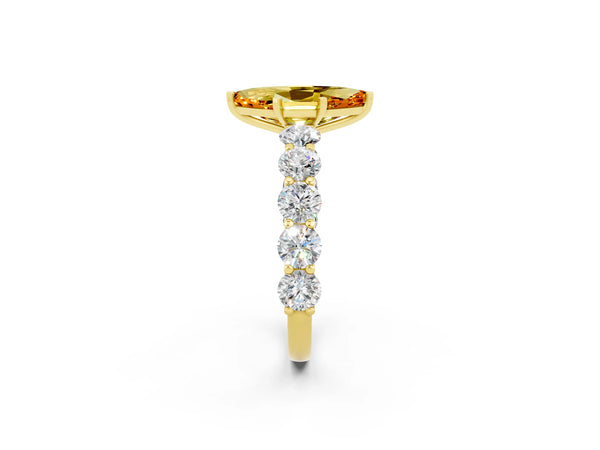Yellow gold Marquise Cut Citrine Prong Setting with Side Stones on a Pave Band