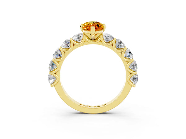 Yellow gold Marquise Cut Citrine Prong Setting with Side Stones on a Pave Band