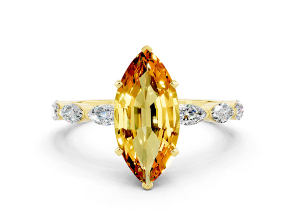 Yellow gold Marquise Cut Citrine Ring with Marquise Side Stones and Prong Setting