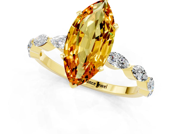 Yellow gold Marquise Cut Citrine Ring with Marquise Side Stones and Prong Setting