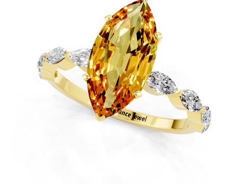 Yellow gold Marquise Cut Citrine Ring with Marquise Side Stones and Prong Setting_1