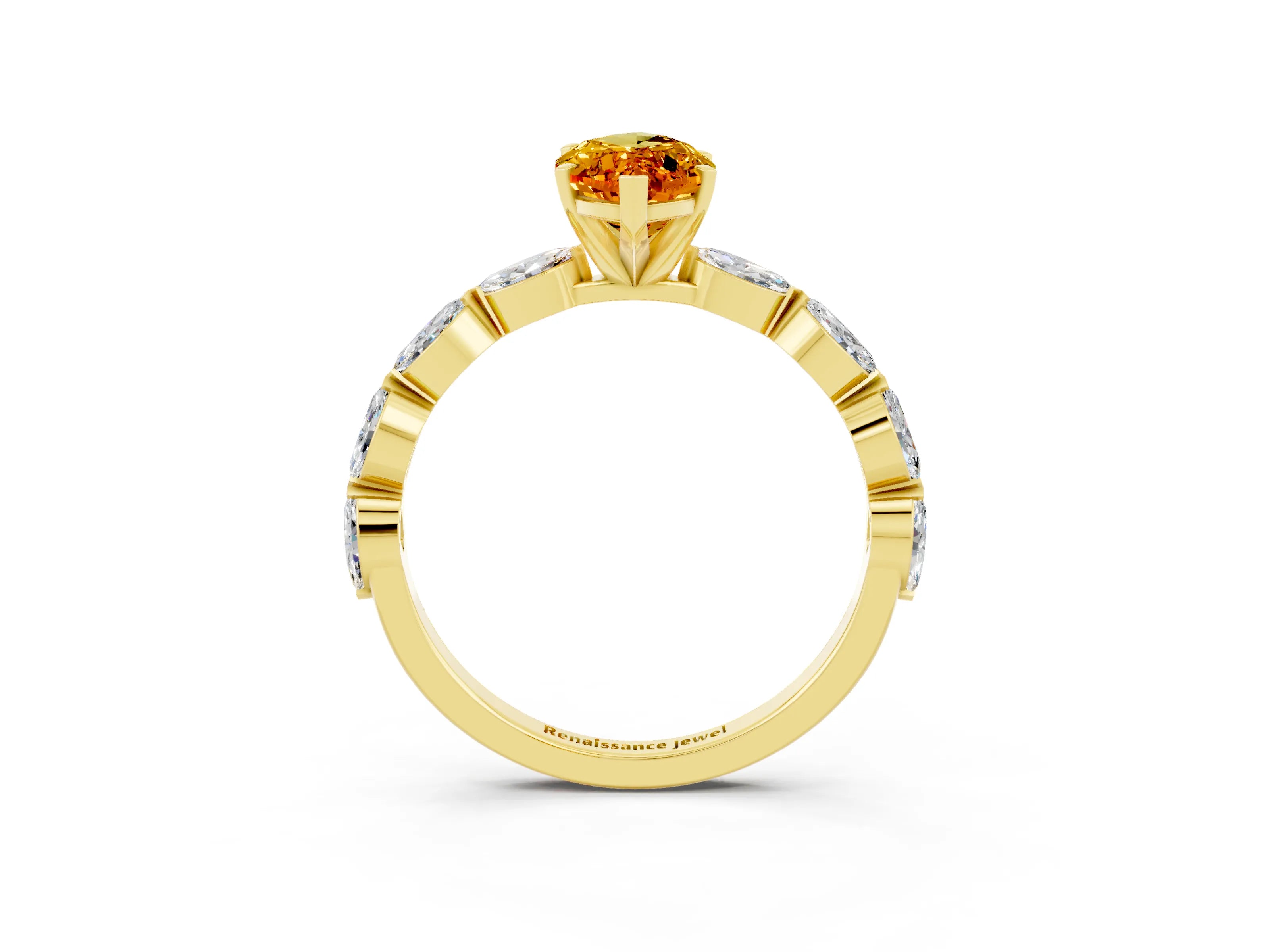 Yellow gold Marquise Cut Citrine Ring with Marquise Side Stones and Prong Setting_3
