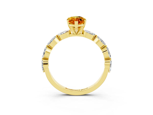 Yellow gold Marquise Cut Citrine Ring with Marquise Side Stones and Prong Setting