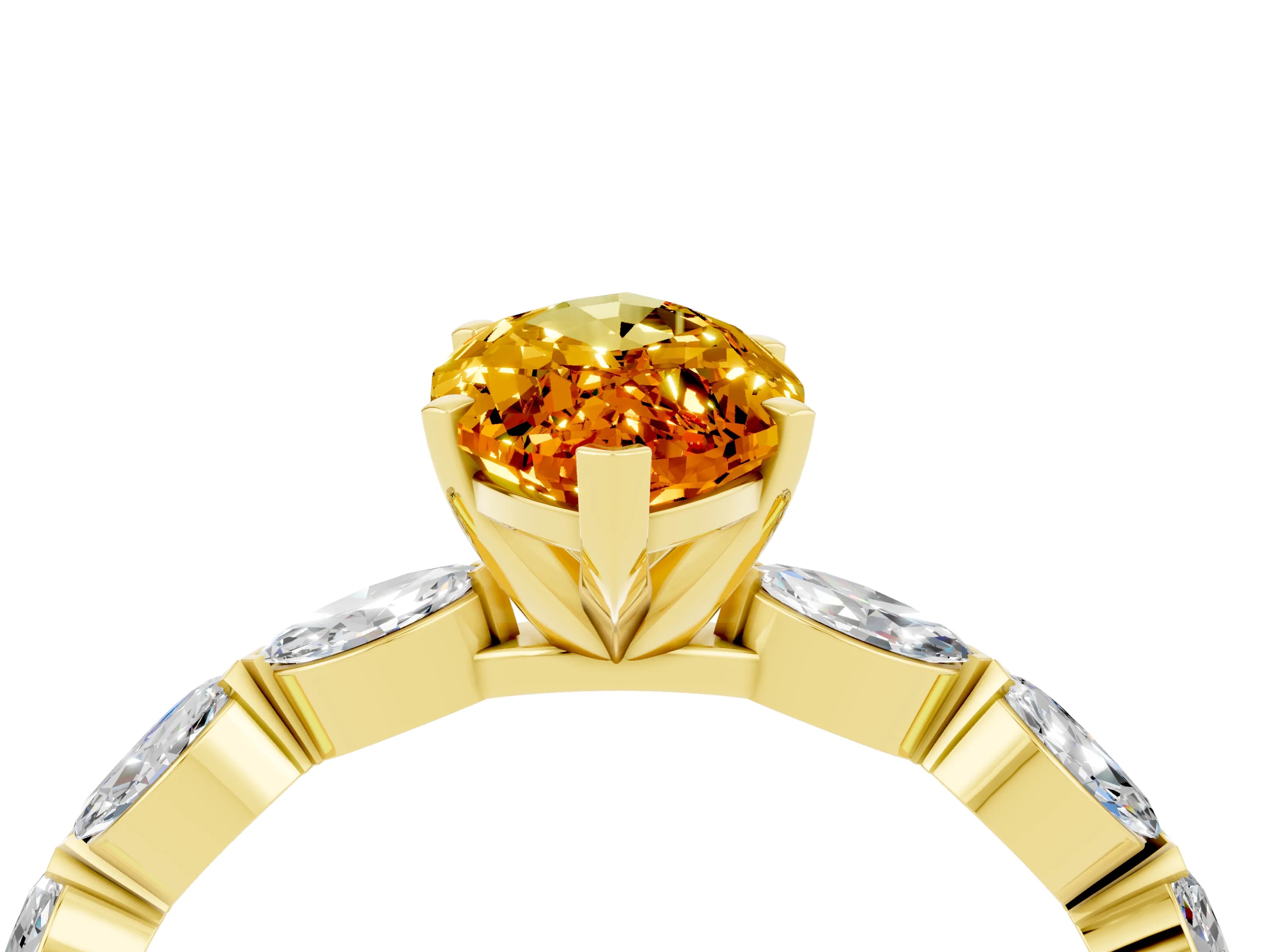 Yellow gold Marquise Cut Citrine Ring with Marquise Side Stones and Prong Setting_4
