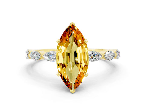 Yellow gold Marquise Cut Citrine Ring with Marquise Side Stones and Prong Setting