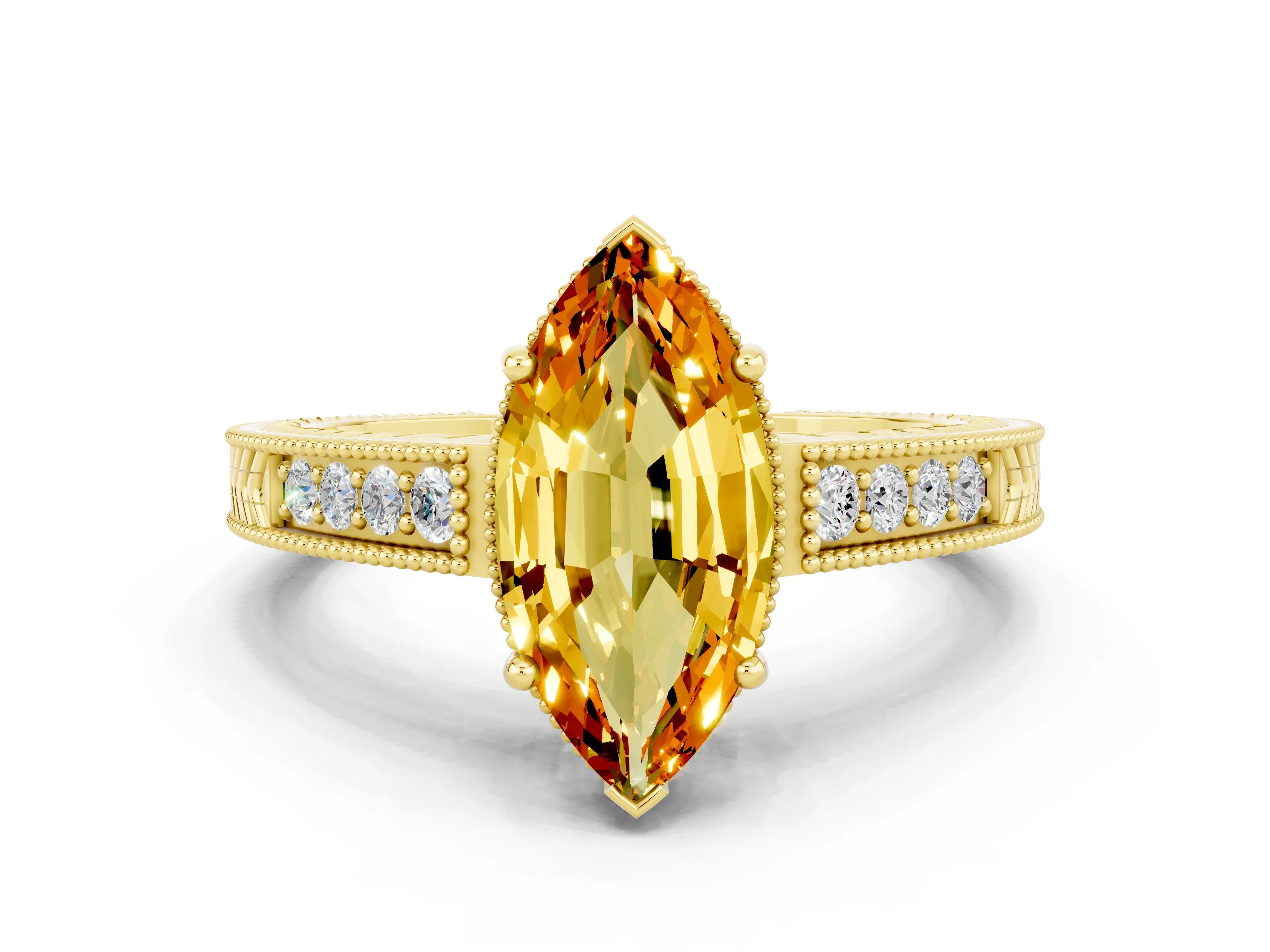 Yellow gold Marquise Cut Citrine Ring with Milgrain Pavé Band and Four-Prong Setting_12