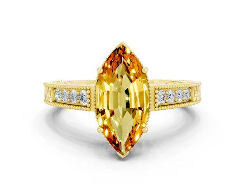 Yellow gold Marquise Cut Citrine Ring with Milgrain Pavé Band and Four-Prong Setting_12