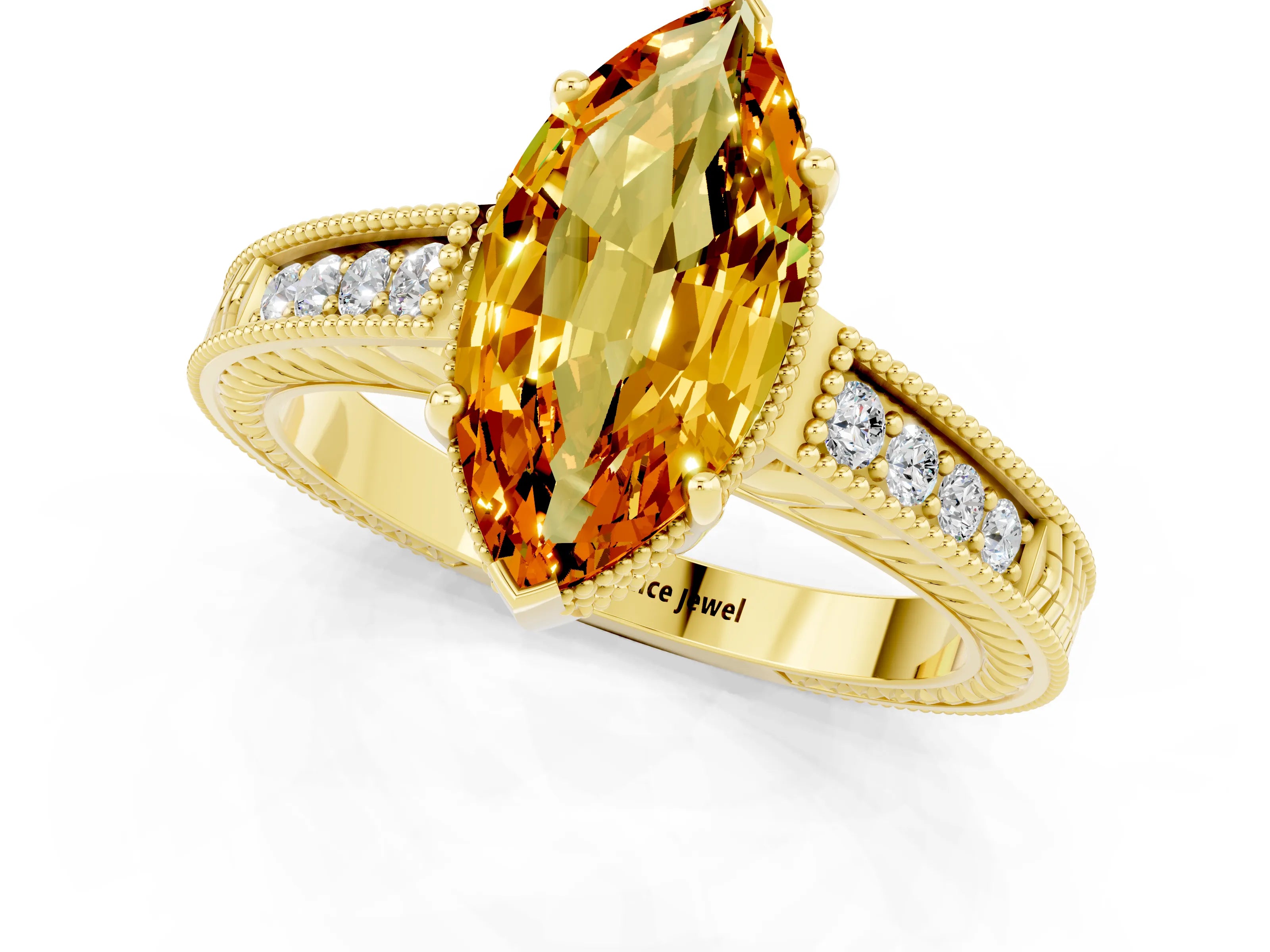 Yellow gold Marquise Cut Citrine Ring with Milgrain Pavé Band and Four-Prong Setting_13
