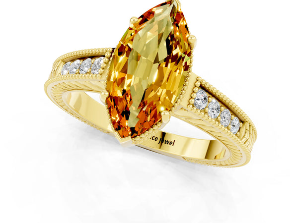 Yellow gold Marquise Cut Citrine Ring with Milgrain Pavé Band and Four-Prong Setting