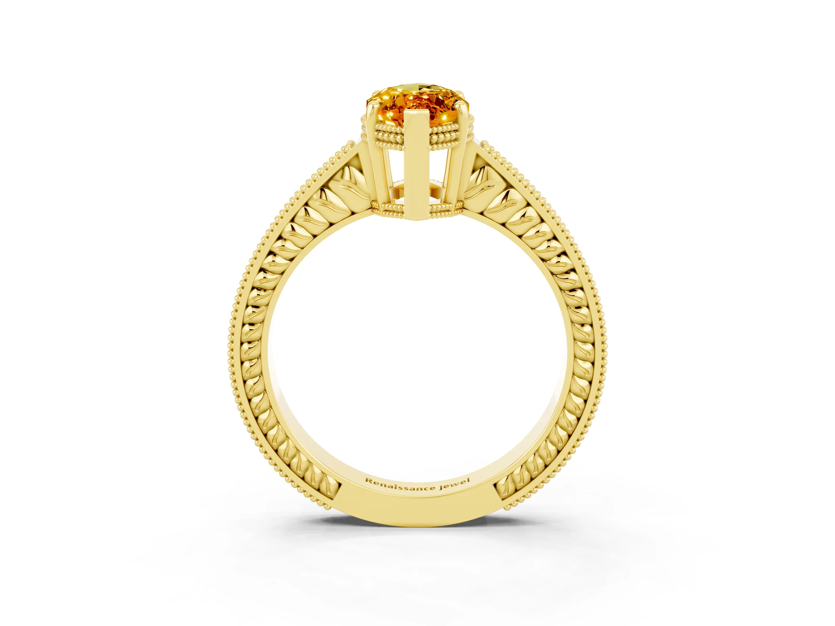Yellow gold Marquise Cut Citrine Ring with Milgrain Pavé Band and Four-Prong Setting_15