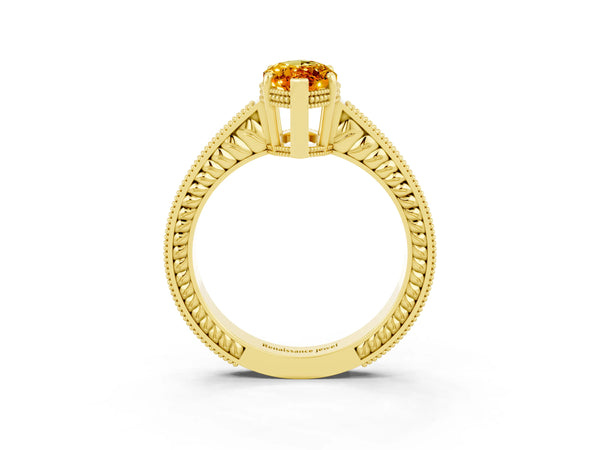 Yellow gold Marquise Cut Citrine Ring with Milgrain Pavé Band and Four-Prong Setting