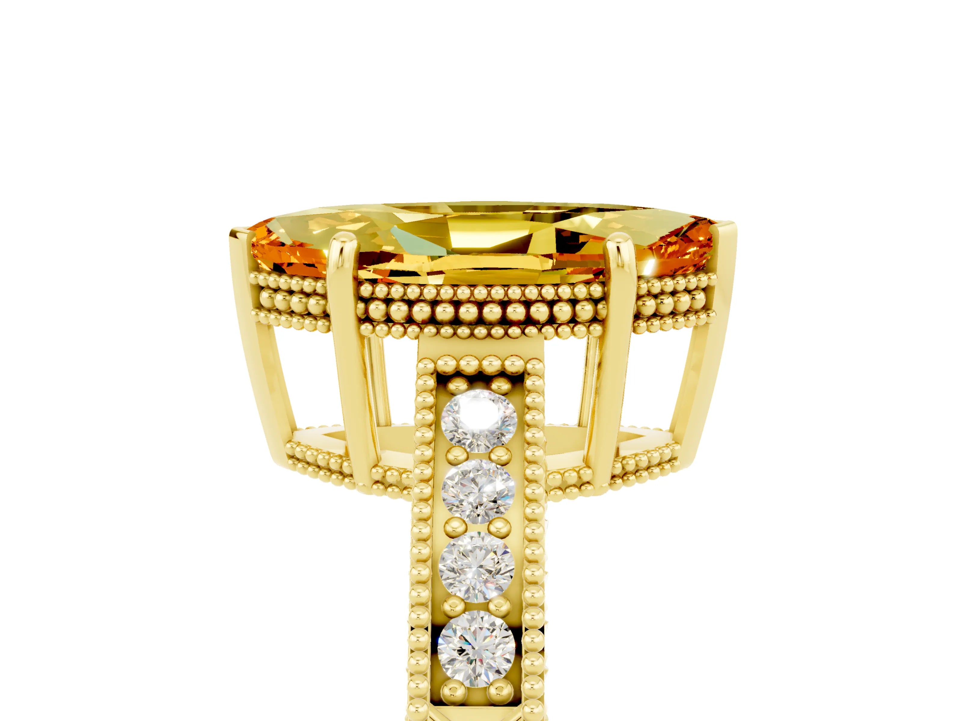 Yellow gold Marquise Cut Citrine Ring with Milgrain Pavé Band and Four-Prong Setting_17