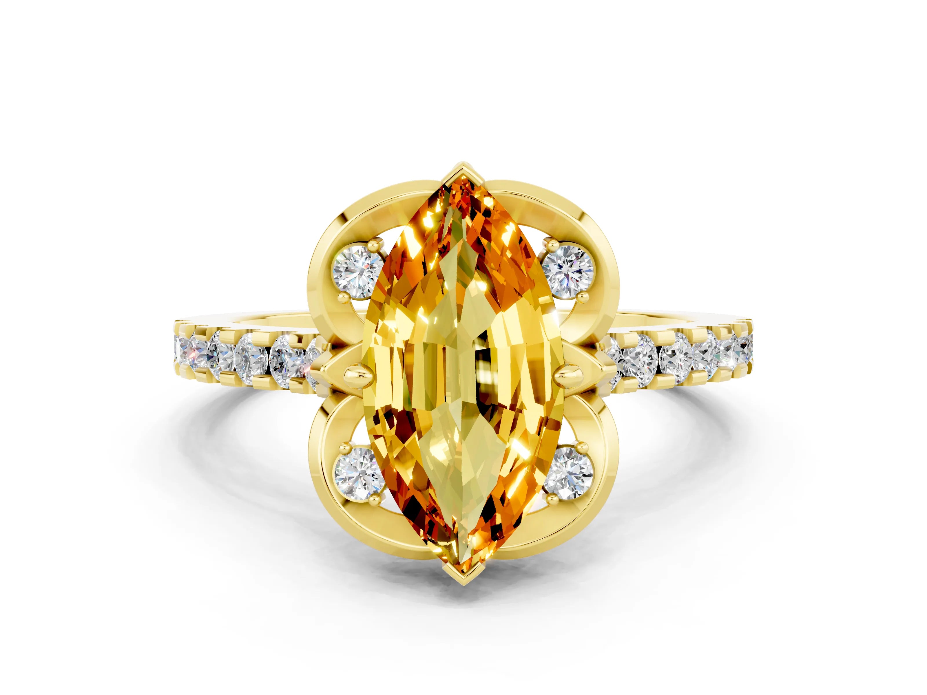 Yellow gold Marquise Cut Citrine Ring with Pavé Band and Floral Prong Setting
