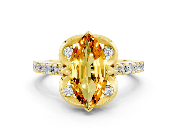 Yellow gold Marquise Cut Citrine Ring with Pavé Band and Floral Prong Setting