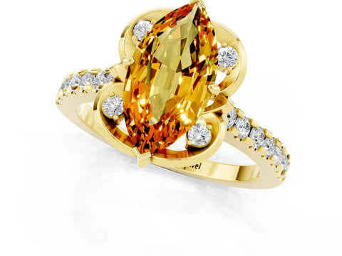 Yellow gold Marquise Cut Citrine Ring with Pavé Band and Floral Prong Setting_1