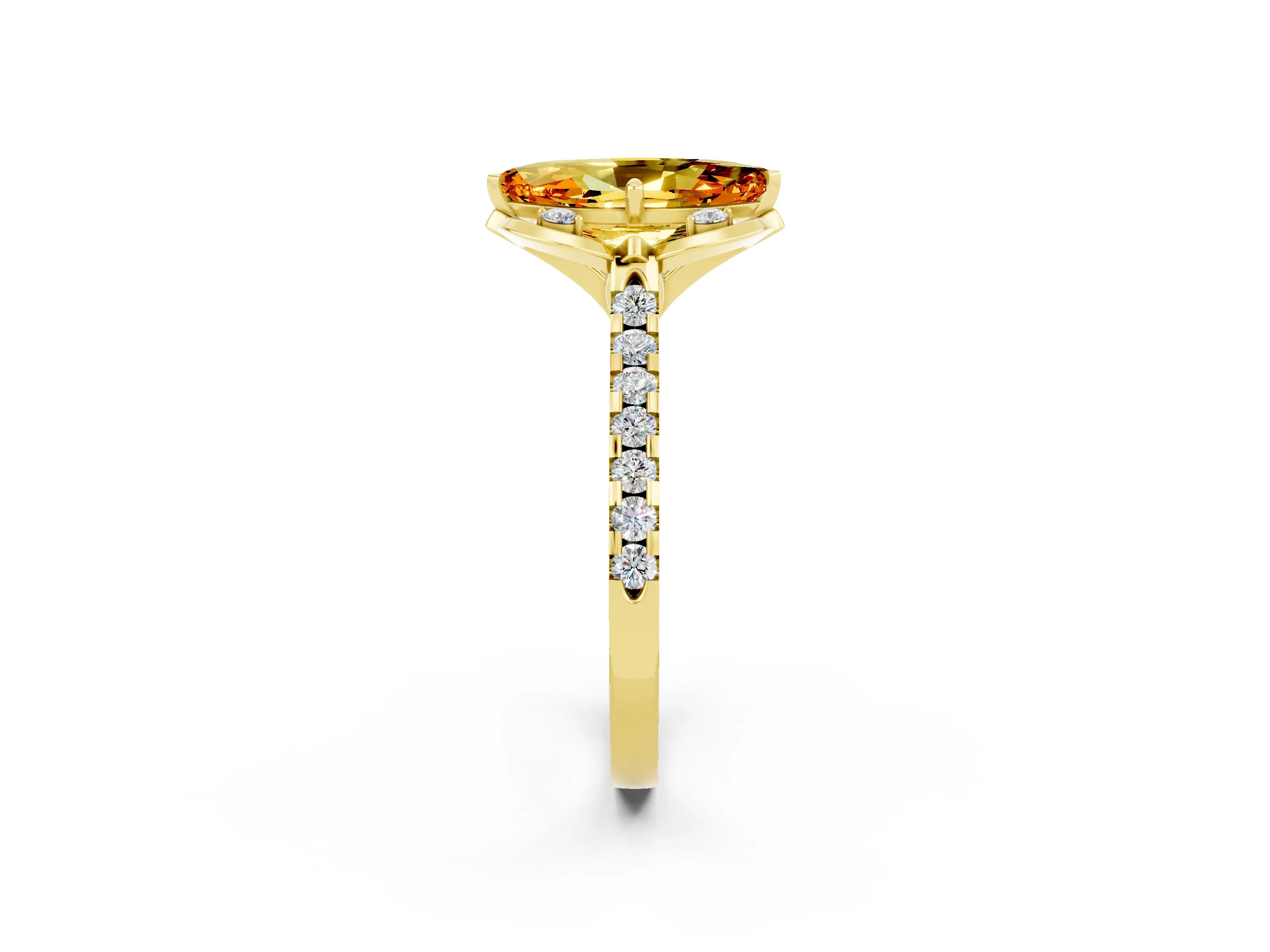 Yellow gold Marquise Cut Citrine Ring with Pavé Band and Floral Prong Setting_2