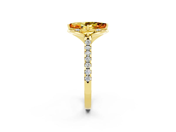 Yellow gold Marquise Cut Citrine Ring with Pavé Band and Floral Prong Setting