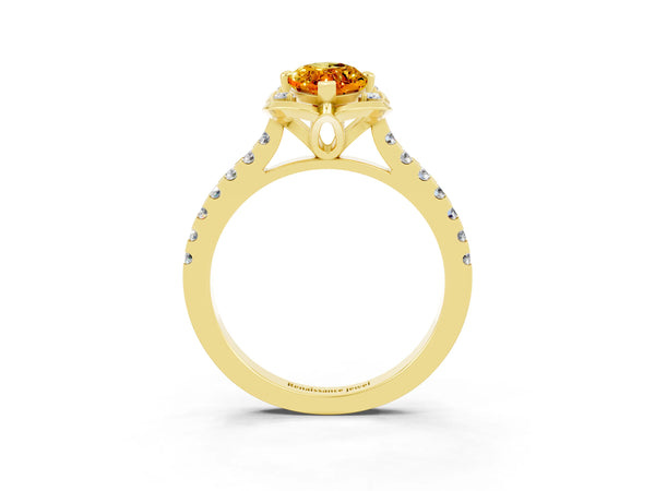 Yellow gold Marquise Cut Citrine Ring with Pavé Band and Floral Prong Setting