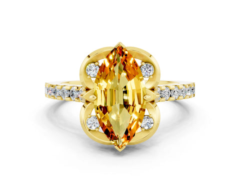Yellow gold Marquise Cut Citrine Ring with Pavé Band and Floral Prong Setting