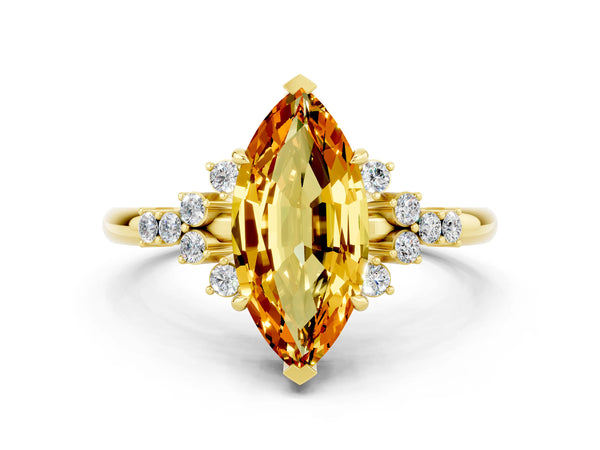 Yellow gold Marquise Cut Citrine Ring with Side Stones and Four-Prong Setting